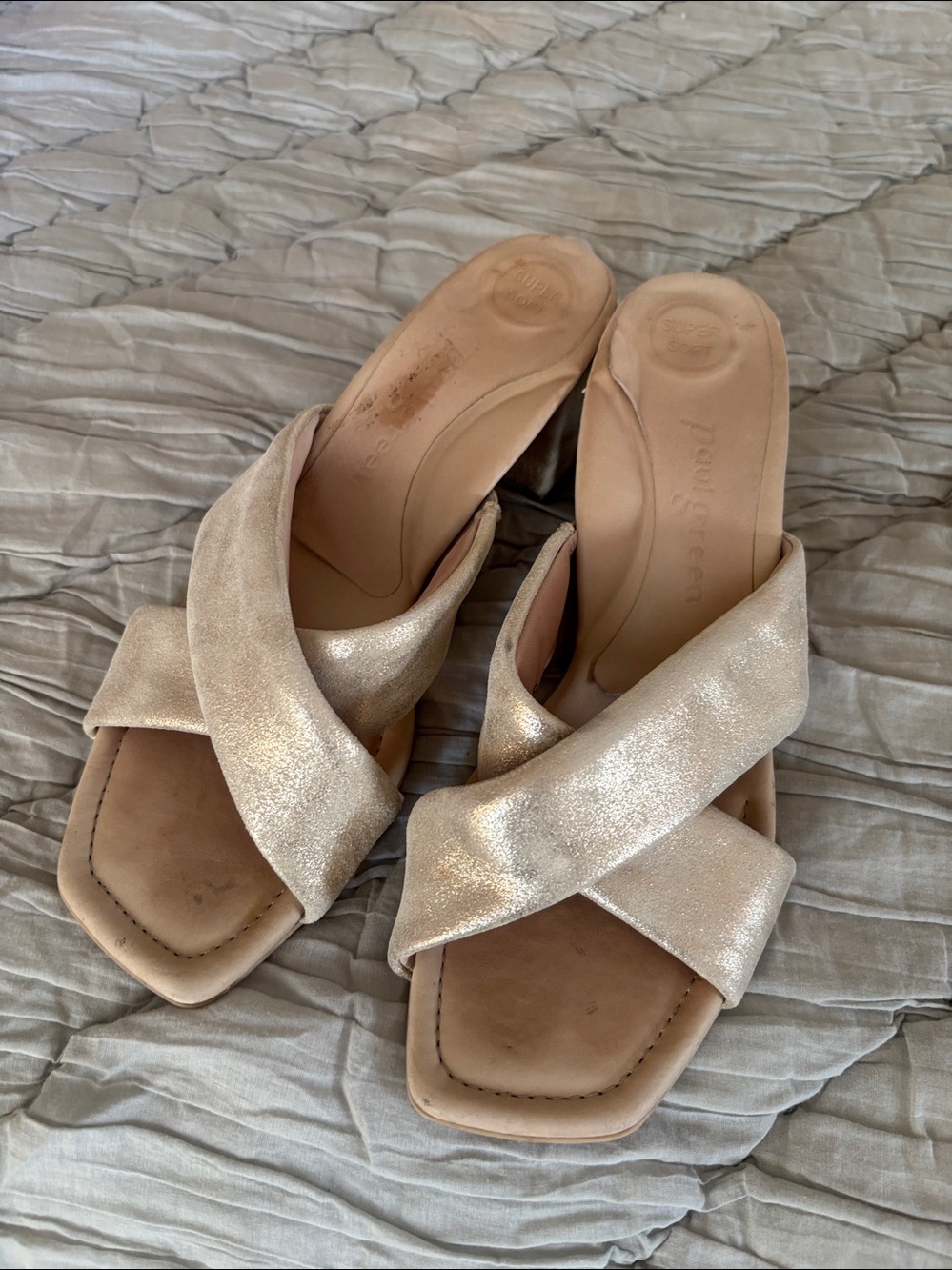 Paul Green Lauren Super Soft Metallic Suede Criss Cross Block Heel Mules Size7